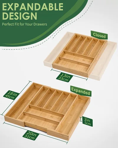Vista 3 de Upolana Organizador de cajones expandible de bambú de alta calidad, organizador de cajones de cocina ajustable de 7 a 9 ranuras para utensilios
