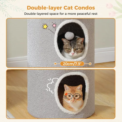 Vista 7 de PETEPELA Camas para gatos de 2 niveles para gatos de interior, casa pequeña en árbol para gatos con cama extraíble, bonita cueva escondida