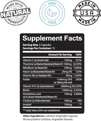 Vista 3 de Kaya Naturals Complejo B-12 Suplemento multivitamínico para mujeres y hombres potenciador de energía y metabolismo Vitamina del complejo B