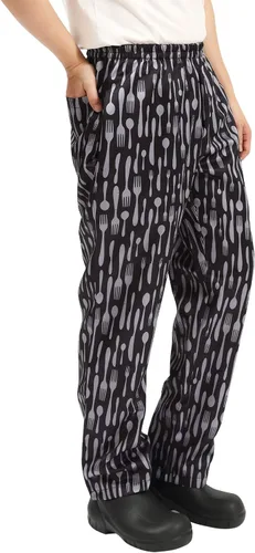 Vista 5 de Pantalones de chef holgados para hombre y mujer, pantalones de trabajo de restaurante floral y uniformes de cocina sueltos estilo cargo pantalones