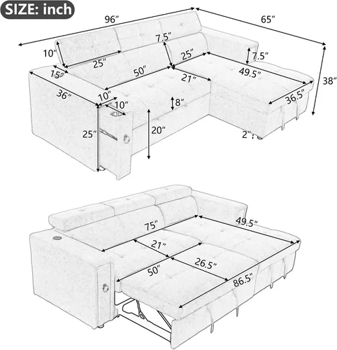 Vista 2 de Moderno sofá cama extraíble de lino con reposacabezas ajustable y carga inalámbrica, sofá esquinero en forma de L de 96 pulgadas, sofá modular
