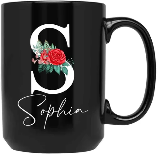 Vista 7 de Taza personalizada con nombre inicial, taza con monograma personalizado, 11 y 15 onzas, cerámica negra