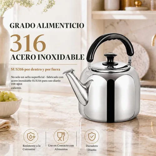 Vista 2 de Tetera Silbante para Estufa, de Grado Alimentario de Acero Inoxidable 316, Hervidor de Agua Rápido, Tetera de Cocina con Mango Ergonómico, Capacidad