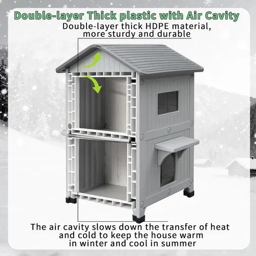 Vista 3 de Casa para gatos al aire libre, resistente a la intemperie, casas de plástico para gatos con puerta de escape, 2 pisos para interiores, impermeable