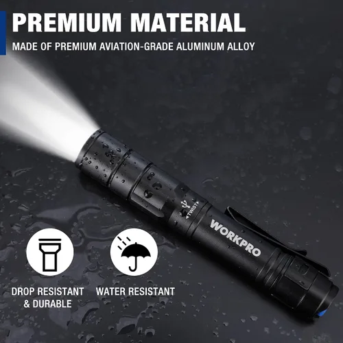 Vista 6 de WORKPRO Luz recargable para bolígrafo, mini linterna, paquete de 2 linternas EDC ultracompactas, linterna de bolsillo con clip, función de memoria