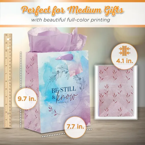Vista 2 de Christian Art Gifts Bolsa de Regalo Retrato con Etiqueta y Juego de Papel de Seda para Mujeres: Quédate Quieta y Conoce - Salmo 46:10 Versículo