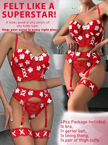 Vista 2 de popiv Conjunto de lencería floral para mujer, brasier y calzón con liguero de encaje
