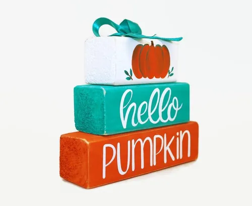 Vista 2 de Pumpkin Hello Autumn WoodenBlock Shelf Sitter Stack Fall Tiered Tray Office Mantel Desktop Gift Sign