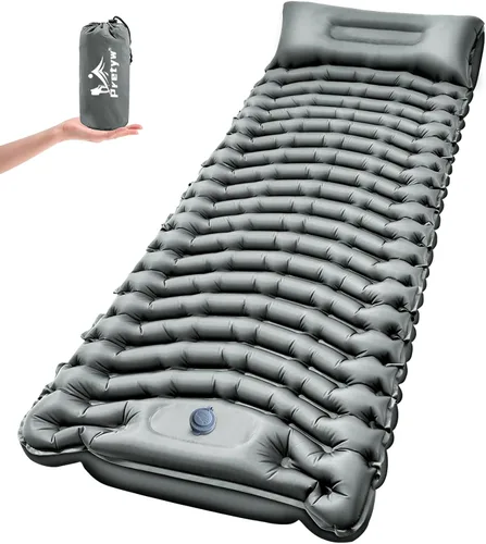 Vista 8 de Colchoneta de dormir para camping, colchón ultraligero con almohada, bomba de pie integrada, alfombrilla portátil inflable compacta para mochileros