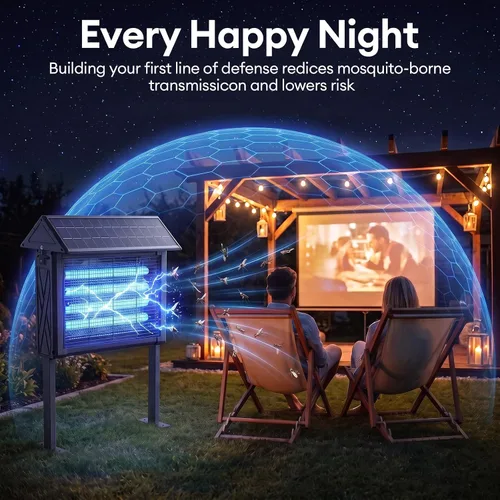 Vista 6 de Exterminador solar de insectos 2026 al aire libre Impermeable: 4500 V Mosquito Zapper con panel solar de 14 W, Asesino de mosquitos de Negro