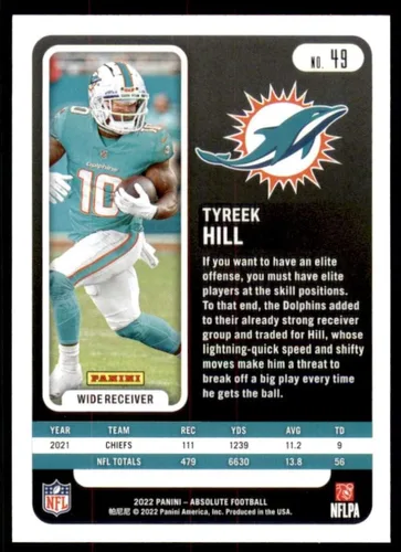 Vista 2 de 2022 Panini Absolute Green Football #49 Tyreek Hill Miami Dolphins Official NFL Trading Card