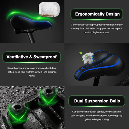 Vista 2 de Asiento de bicicleta de gran tamaño, cómodo asiento de bicicleta, asiento de bicicleta de repuesto universal, asiento de bicicleta de cuero Azul