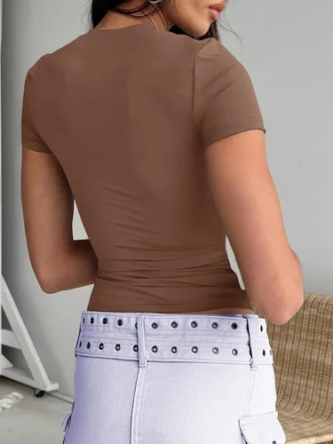 Vista 5 de Trendy Queen Camisetas básicas para mujer, cuello redondo, manga corta, lindas camisetas de verano, ajustadas, ropa Y2K