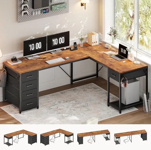 Vista 9 de Escritorio en forma de L de 57 pulgadas con 5 cajones, escritorio de esquina reversible para computadora con almacenamiento y tira de alimentación