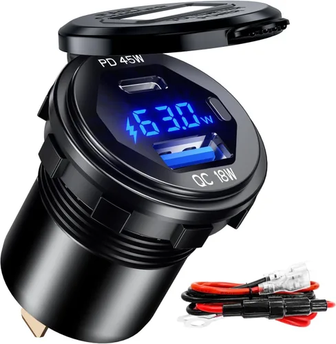 Vista 4 de PD - Cargador rápido USB C de 45 W de 18 W, enchufe de cargador USB 3.0 impermeable con interruptor, voltímetro LED y fusible de cable, kit