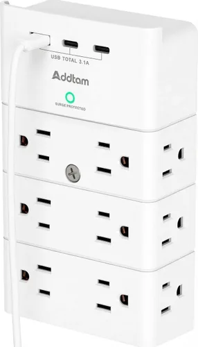 Vista 9 de Addtam Toma de pared con enchufe múltiple, protector de sobretensiones con extensor de 12 tomas de corriente de 4 lados y 3 puertos USB (1 USB-C)