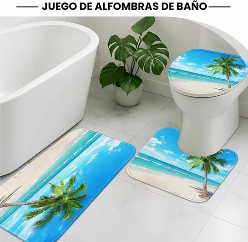Vista 5 de ArtSocket Hermoso juego de baño de playa con cortina de ducha y accesorios de alfombras, paraíso de palmera de coco para isla de verano, cortina