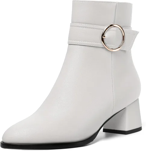 Vista 22 de MERRORI Botas altas de tacón bajo mate mate con cremallera y punta redonda para mujer, 2 pulgadas Beige
