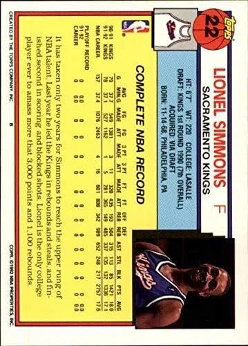 Vista 2 de 1992-93 Topps #22 Lionel Simmons UER NBA Baloncesto Trading Card