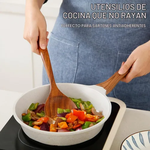 Vista 5 de Cucharas de madera para cocinar, juego de 7 piezas de utensilios de cocina de madera de teca natural, cuchara de madera, espátula, tenedor