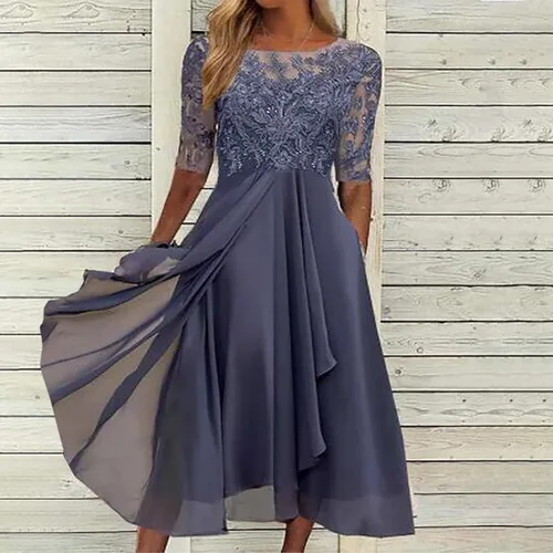 Vista 5 de lcyhony Elegante vestido de fiesta de noche con cuello en V y manga larga para mujer, vestido de dama de honor, vestido fruncido suelto con capas