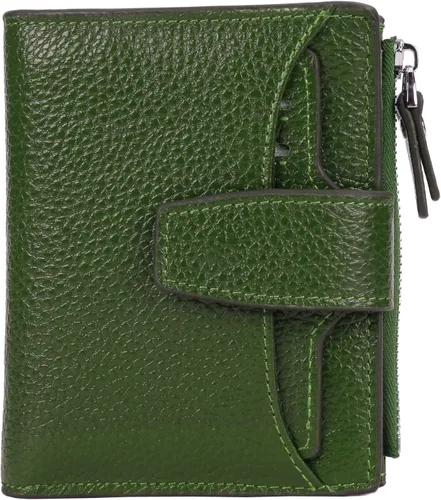 Vista 29 de Cartera de cuero con bloqueo RFID para mujer, pequeña, compacta, doble cremallera, con ventana para identificación