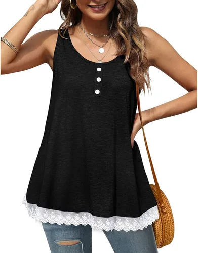 Vista 4 de Women Crewneck Button Up Tank Top Casual Loose Pure Color Lace Trim Ruffle Hem Camisole for Daily Party Date