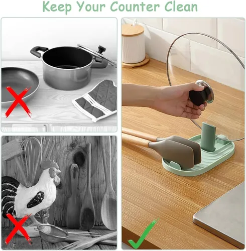 Vista 6 de Soporte multifuncional para cucharas, 2 piezas plegables para tapa de olla, soporte para tapa de olla, soporte para estufa, utensilios de cocina