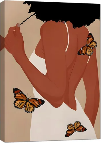 Vista 12 de Lienzo con estampado bohemio de mujer negra y flores, decoración de niña afro, póster de moda, enmarcado listo para colgar