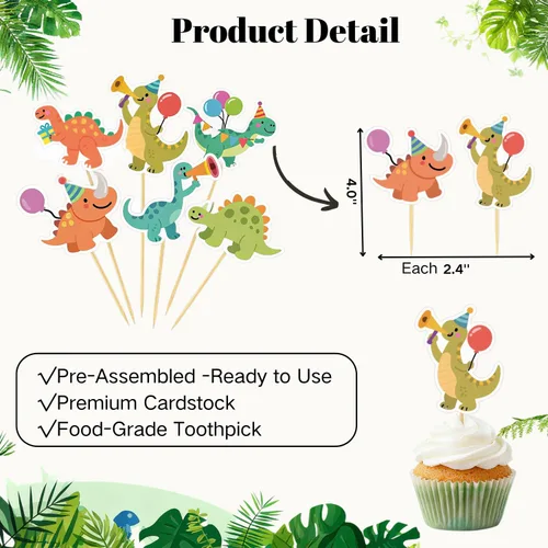Vista 4 de ALISSAR 36 adornos para cupcakes de dinosaurio, decoración de pastel de dinosaurio para decoración de fiesta de cumpleaños, baby shower, tema Rex