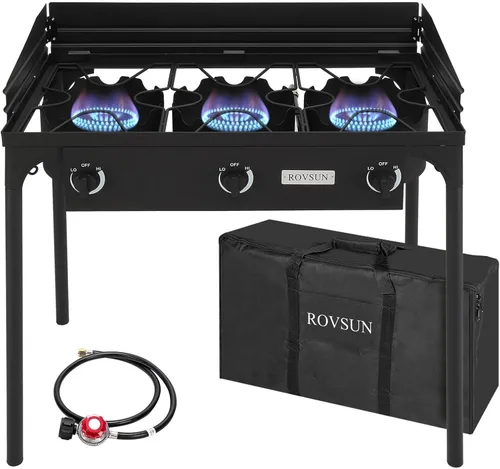 Vista 10 de ROVSUN Estufa de Gas Propano Portátil para Exteriores con 2/3 Quemadores, Cocina de Alta Presión con Soporte para Cocinar en el Patio, Acampar