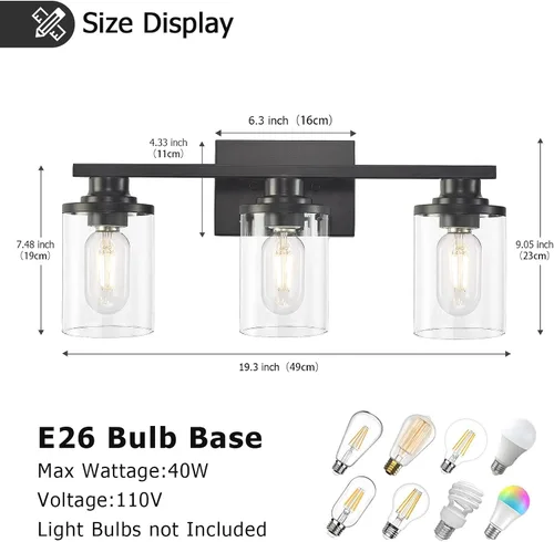 Vista 3 de 3 Luces Negras para Tocador de Baño con Pantalla de Vidrio Transparente, Apliques de Pared Modernos de Iluminación para Baño Sobre Espejo
