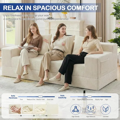 Vista 3 de Sofá cama convertible 2 en 1 sin hueso, sofá cama futón de pana, sofá plegable de compresión, sofá cama con 3 almohadas para dormitorio, sala