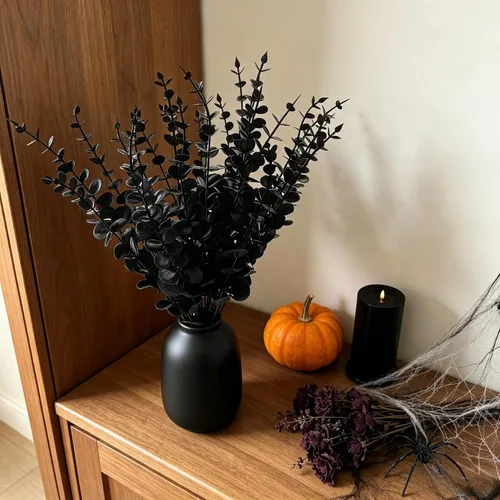 Vista 7 de Tinsow 26 Tallos de Eucalipto Artificial Negro Flores Falsas de Halloween Eucaliptos Hojas de Tacto Real Centro de Mesa Decoración para el Hogar