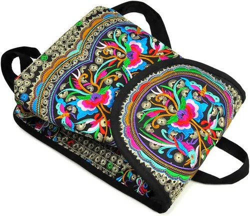 Vista 3 de Mochila de lona única vintage para mujer con bordado floral