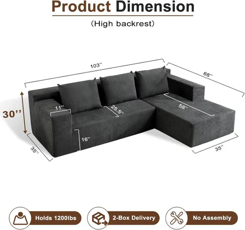 Vista 2 de Nigoone Sofá modular modular de 103 pulgadas para sala de estar, sofá sin hueso en forma de L con diván, sofá de nube moderno minimalista, asientos