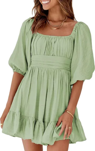 Vista 6 de Dokotoo Vestidos de verano para mujer, cuello cuadrado, lazo en la espalda, manga farol, volantes, vestido casual acampanado