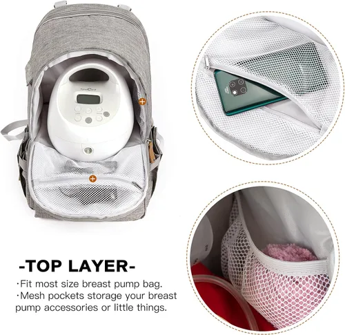 Vista 3 de Mochila para extractor de leche, bolsa enfriadora y resistente a la humedad, doble capa para madre, mochila de trabajo al aire libre con Gris