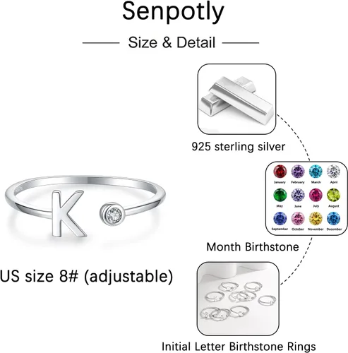 Vista 6 de 925 Sterling Silver Initial Letter Birthstone Rings for Women Adjustable 1-12 Month Birthstone Alphabet Stacking Ring for Teens Girls Stackable