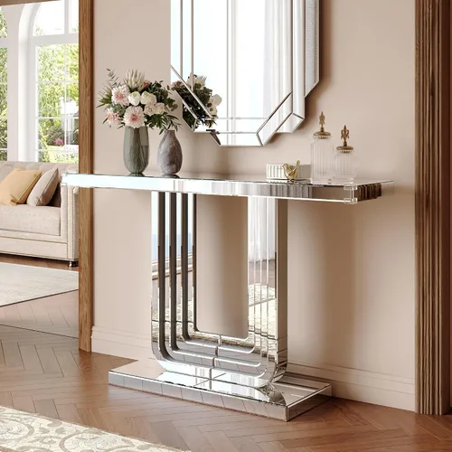 Vista 16 de Mesa de sofá con consola de espejo con acabado plateado, mesa de entrada con espejo para sala de estar, dormitorio, entrada, pasillo