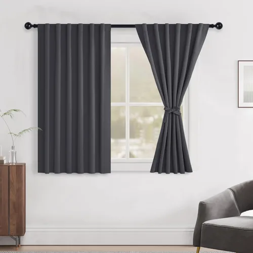 Vista 131 de Hiasan Cortinas opacas negras para dormitorio, cortinas opacas cortas de 45 pulgadas de largo, con aislamiento térmico, bolsillo para barra