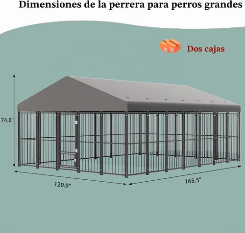 Vista 3 de Perrera grande para perros exterior de 10 x 14 pies, jaula resistente con puerta de alimentación, corrida de perro al aire libre con techo