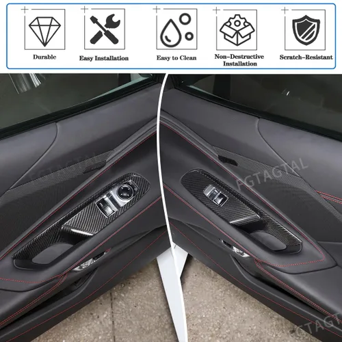 Vista 5 de Cubierta de interruptor de elevación de ventana de fibra de carbono real compatible con Chevrolet Corvette C8 2020-2026, panel de interruptor