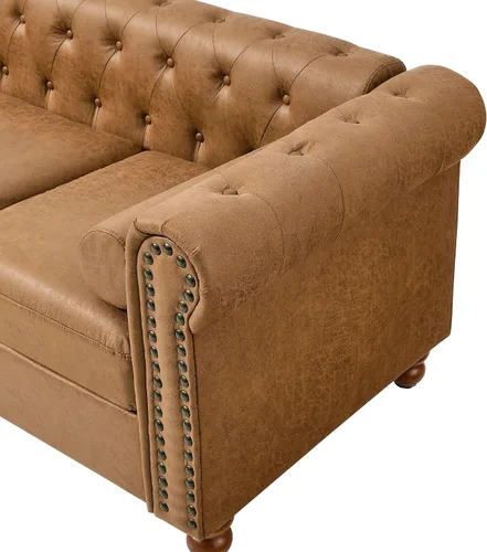 Vista 6 de Juego de 2 piezas Air Leather Chesterfield para sala de estar, sofá y silla Marrón