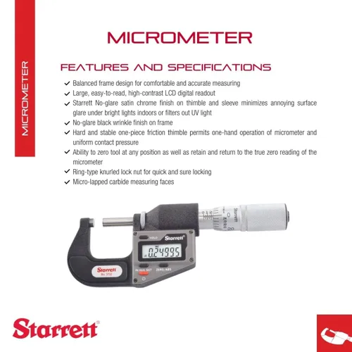 Vista 2 de Starrett Micrómetro electrónico métrico/métrico sin salida – dedal de fricción de una pieza, acabado cromado satinado, rango de 0-1 pulgada