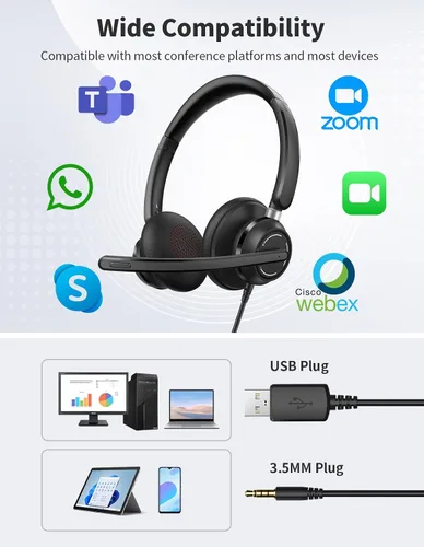 Vista 7 de Auriculares con cable con micrófono para PC, computadora portátil, auriculares USB con micrófono de cancelación de ruido, control en línea