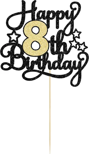 Vista 3 de 1 pieza de decoración de pastel de 8º cumpleaños con purpurina y saludos a 8 años, decoración de pastel de feliz cumpleaños para fiesta de 8 años