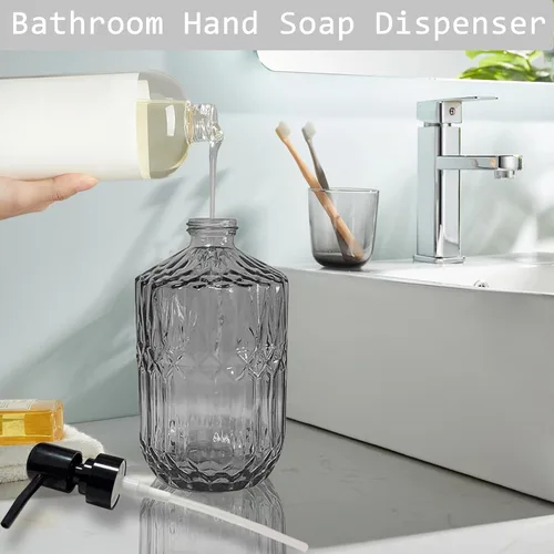 Vista 5 de Dispensador de jabón de vidrio negro de 14 onzas, diseño de diamante gris, botella líquida recargable para encimera, dispensador de loción