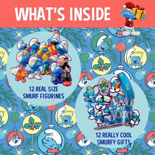 Vista 4 de El calendario de cuenta regresiva original de SMURFS 2025 Juguetes de dibujos animados coleccionables para niños y niñas, ¡12 figuras + 12 regalos