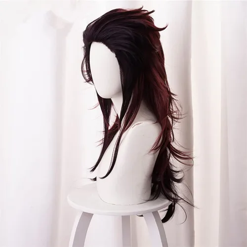 Vista 2 de Peluca larga de anime Kamado Tanjirou para mujer, Kimetsu no Yaiba Demon vSlayer, disfraz de cosplay para hombres y mujeres con gorra de peluca